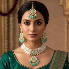 Gold Rodium Polish Green color Necklace in Metal Alloy studded with CZ Diamond, Pearl