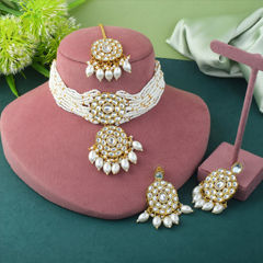 Gold Rodium Polish White and Off White color Necklace in Metal Alloy studded with CZ Diamond, Pearl