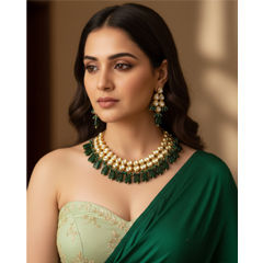 Gold Rodium Polish Green color Necklace in Brass studded with CZ Diamond