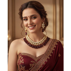 Gold Rodium Polish Red and Maroon color Necklace in Brass studded with CZ Diamond