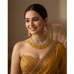 Gold Rodium Polish Yellow color Necklace in Brass studded with CZ Diamond