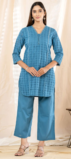 Blue color Co-ords Set in Cotton fabric with Embroidered, Lace work