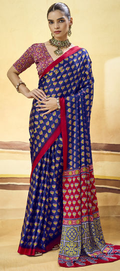 Blue color Saree in Satin Silk fabric with Printed work