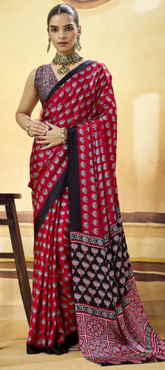 Red and Maroon color Saree in Satin Silk fabric with Printed work
