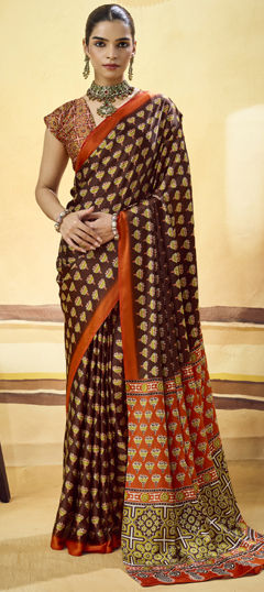 Beige and Brown color Saree in Satin Silk fabric with Printed work