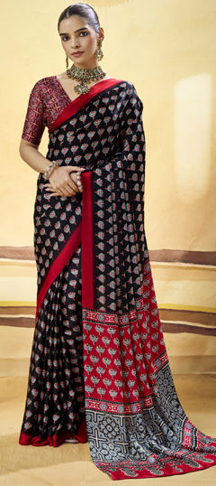 Black and Grey color Saree in Satin Silk fabric with Printed work