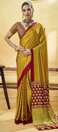 Yellow color Saree in Satin Silk fabric with Printed work