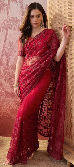 Red and Maroon color Saree in Net fabric with Embroidered work