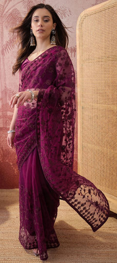 Purple and Violet color Saree in Net fabric with Embroidered work