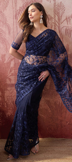 Blue color Saree in Net fabric with Embroidered work