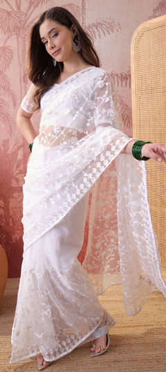 White and Off White color Saree in Net fabric with Embroidered work