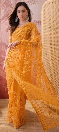 Yellow color Saree in Net fabric with Embroidered work