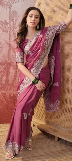 Pink and Majenta color Saree in Silk fabric with Embroidered work