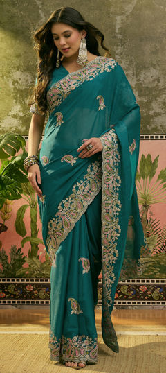 Blue color Saree in Silk fabric with Embroidered work