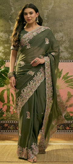 Green color Saree in Silk fabric with Embroidered work