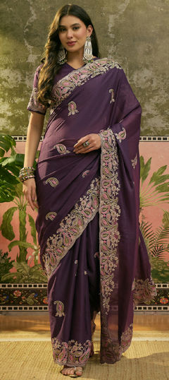 Purple and Violet color Saree in Silk fabric with Embroidered work
