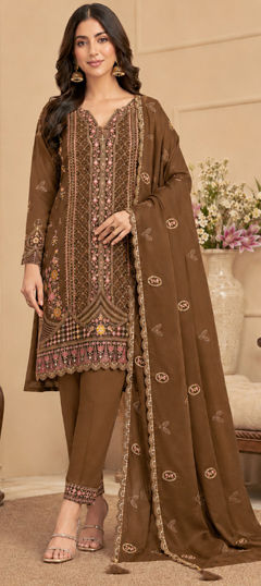 Beige and Brown color Salwar Kameez in Crushed Silk fabric with Embroidered work