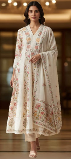 White and Off White color Salwar Kameez in Cotton fabric with Floral, Lace, Printed work