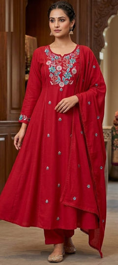 Red and Maroon color Salwar Kameez in Silk fabric with Embroidered work