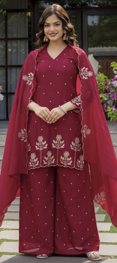 Red and Maroon color Salwar Kameez in Chinon Silk fabric with Embroidered, Sequence work