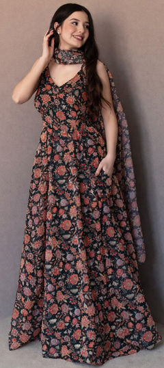 Multicolor color Gown in Organza Silk fabric with Digital Print, Floral work