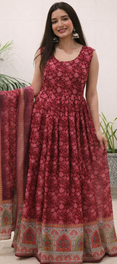 Pink and Majenta color Gown in Organza Silk fabric with Digital Print work