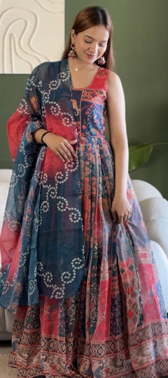 Multicolor color Gown in Organza Silk fabric with Digital Print work