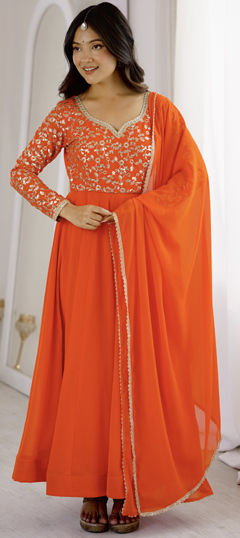 Orange color Salwar Kameez in Georgette fabric with Embroidered, Sequence work
