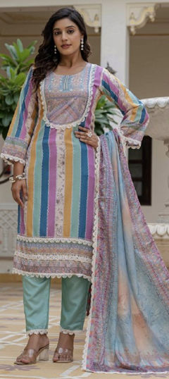 Multicolor color Salwar Kameez in Rayon fabric with Digital Print, Lace work
