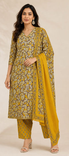 Beige and Brown, Yellow color Salwar Kameez in Cotton fabric with Lace, Printed, Sequence work