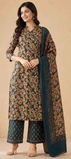Beige and Brown, Blue color Salwar Kameez in Cotton fabric with Lace, Printed, Sequence work