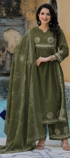 Green color Salwar Kameez in Cotton fabric with Mirror, Printed, Sequence work
