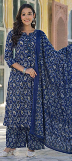 Blue color Salwar Kameez in Cotton fabric with Mirror, Printed, Sequence work