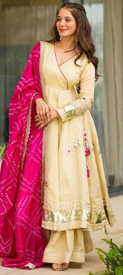 White and Off White color Salwar Kameez in Chinon Silk fabric with Gota Patti work
