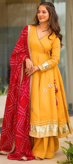 Yellow color Salwar Kameez in Chinon Silk fabric with Gota Patti work