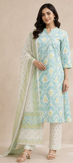 Green color Salwar Kameez in Cotton fabric with Lace, Printed, Sequence work