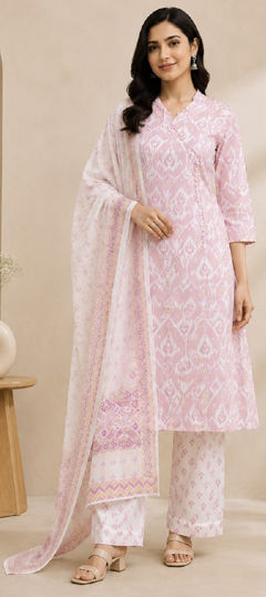Pink and Majenta color Salwar Kameez in Cotton fabric with Lace, Printed, Sequence work
