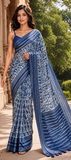 Blue color Saree in Chanderi Silk fabric with Digital Print work