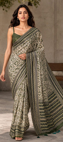 Green color Saree in Chanderi Silk fabric with Digital Print work
