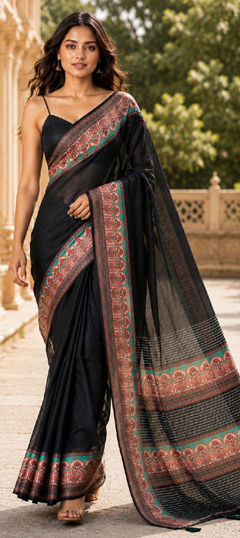 Black and Grey color Saree in Chanderi Silk fabric with Digital Print work