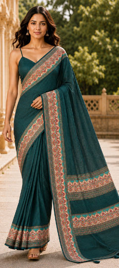 Green color Saree in Chanderi Silk fabric with Digital Print work