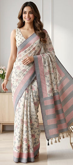 Black and Grey color Saree in Silk cotton fabric with Resham, Weaving work