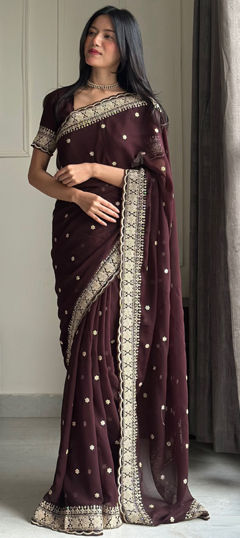 Purple and Violet color Saree in Faux Georgette fabric with Embroidered, Sequence, Zari work