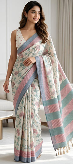 Green color Saree in Silk cotton fabric with Resham, Weaving work