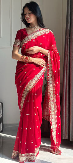 Red and Maroon color Saree in Faux Georgette fabric with Embroidered, Sequence, Zari work