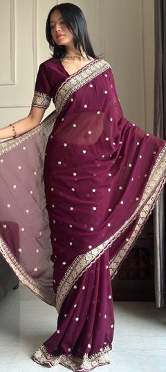 Purple and Violet color Saree in Faux Georgette fabric with Embroidered, Sequence, Zari work