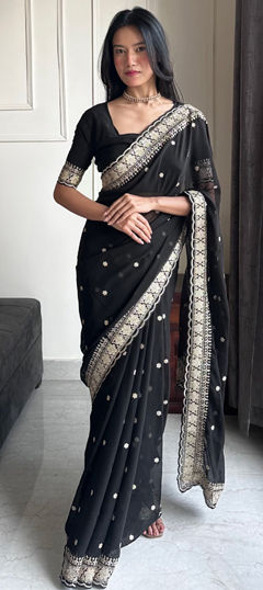 Black and Grey color Saree in Faux Georgette fabric with Embroidered, Sequence, Zari work