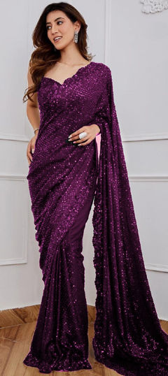 Purple and Violet color Saree in Georgette fabric with Embroidered, Sequence work
