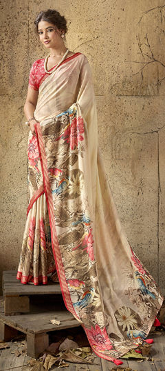 Beige and Brown color Saree in Georgette fabric with Printed work