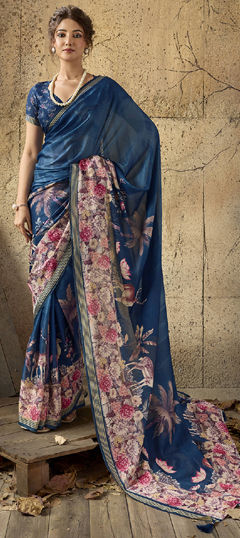 Blue color Saree in Georgette fabric with Printed work